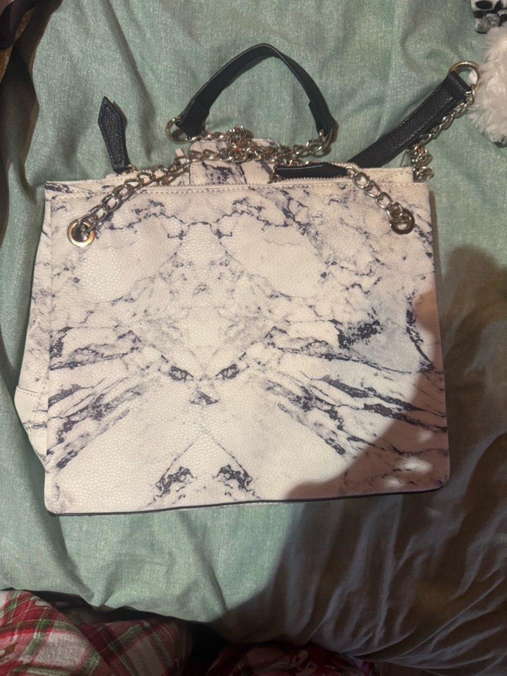 Guess White and Black Marble-Print Satchel with Chain